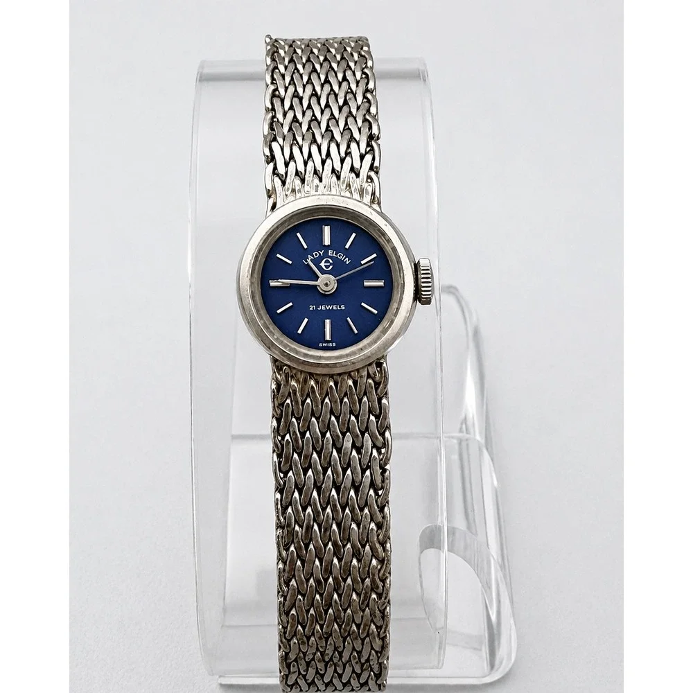 Vintage Lady Elgin 21 Jewel Swiss Mechanical Watch Blue Dial 8